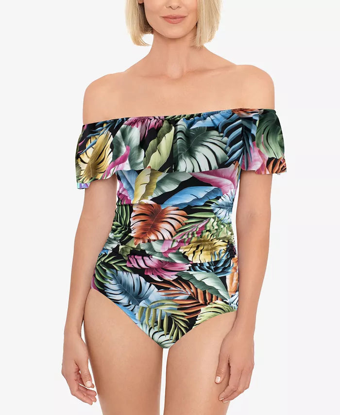 Swim Solutions Off-The-Shoulder Tummy-Control One-Piece Swimsuit