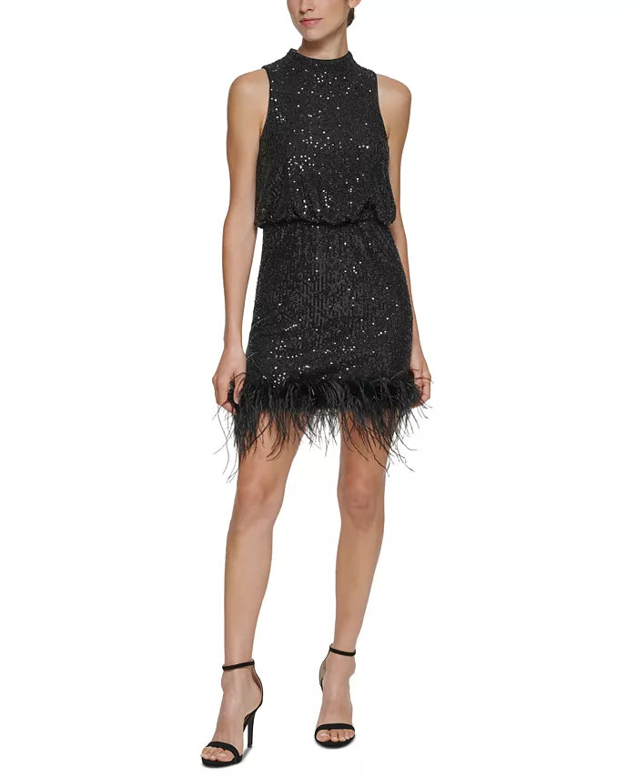 Eliza J Feather-Hem Sequin Dress