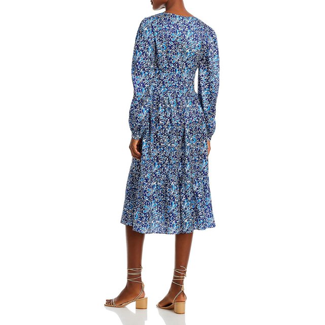 AQUA Floral Ruched Long-Sleeve Midi Dress