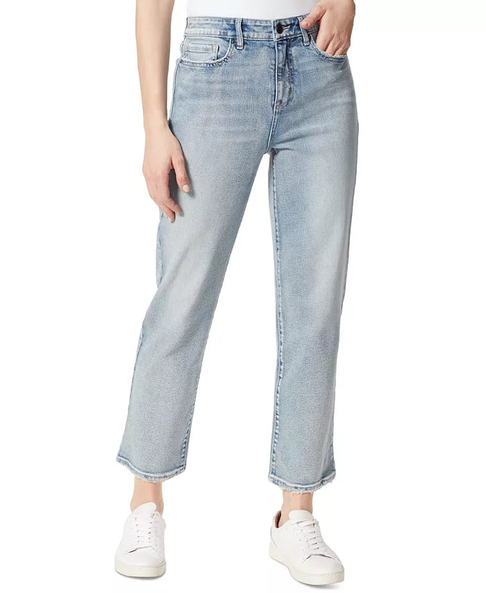 Frayed High-Rise Straight-Leg Frayed-Cuff Cropped Jeans
