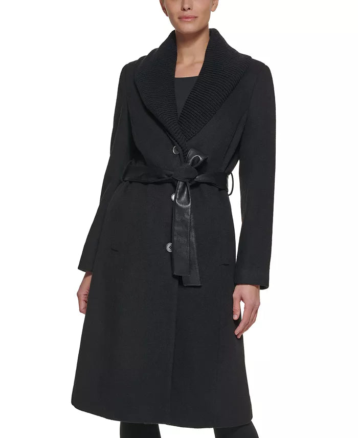 DKNY Women's Knit-Collar Belted Wrap Coat