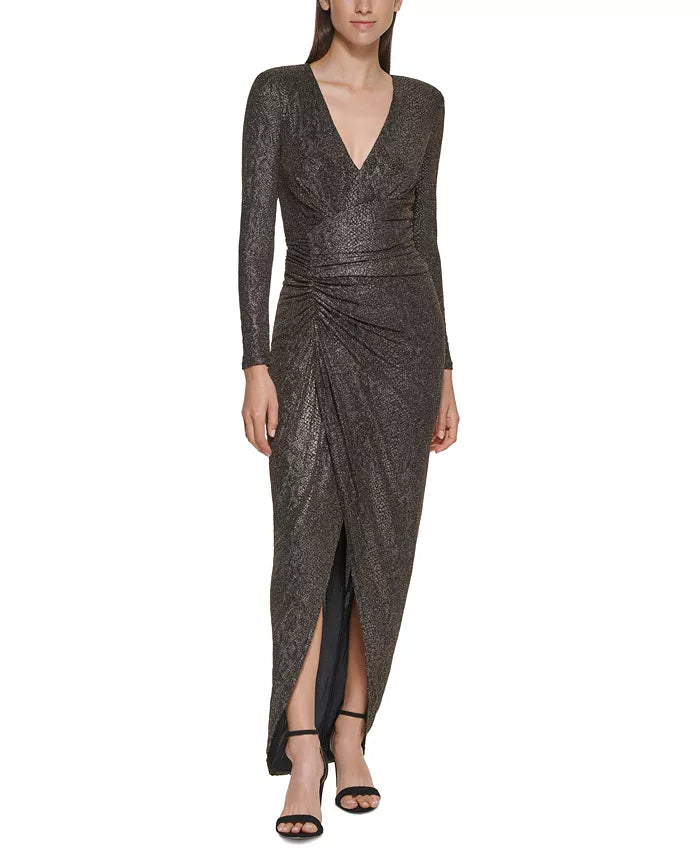 Vince Camuto Side-Ruched Metallic Gown