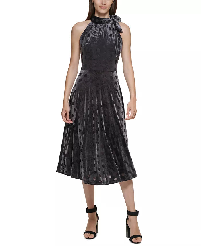 Calvin Klein Velvet Polka-Dot Halter Dress