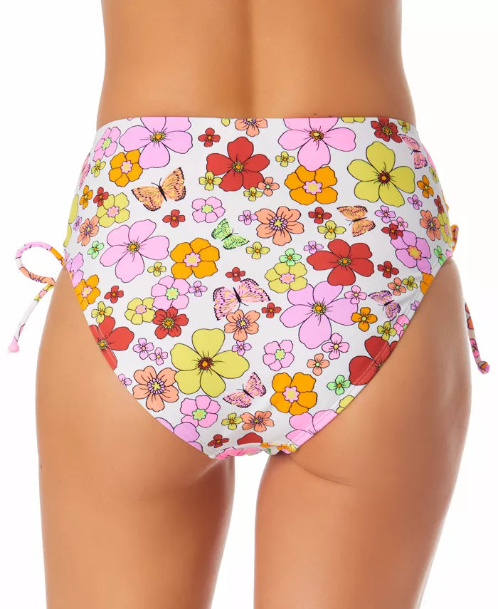 California Waves Juniors' Printed Cinch-Side High-Waist Bikini Bottoms