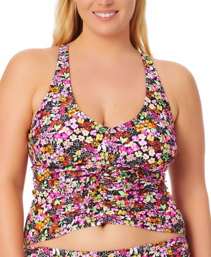 California Waves Trendy Plus Size Ditsy-Print Drawstring Tankini Top