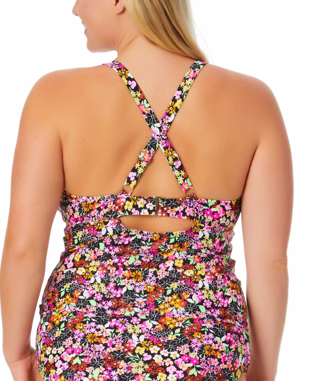 California Waves Trendy Plus Size Ditsy-Print Drawstring Tankini Top