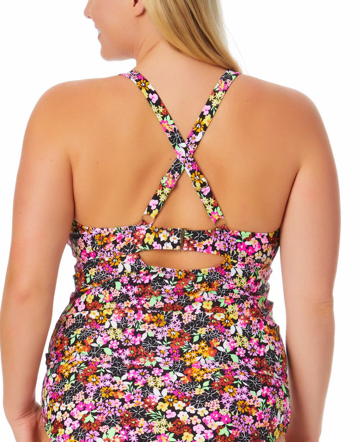 California Waves Trendy Plus Size Ditsy-Print Drawstring Tankini Top