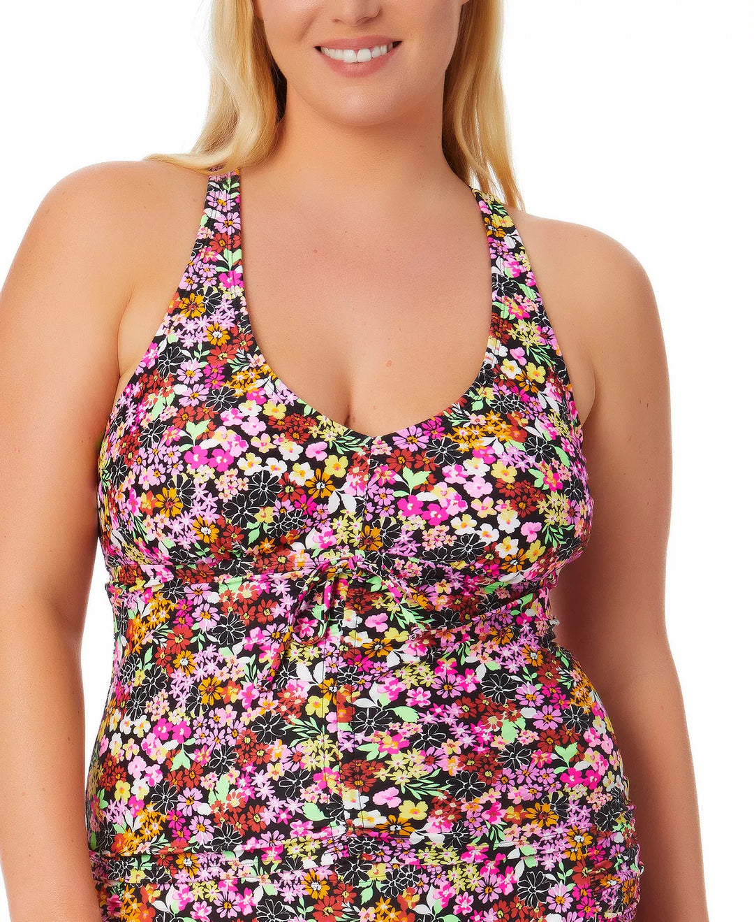 California Waves Trendy Plus Size Ditsy-Print Drawstring Tankini Top