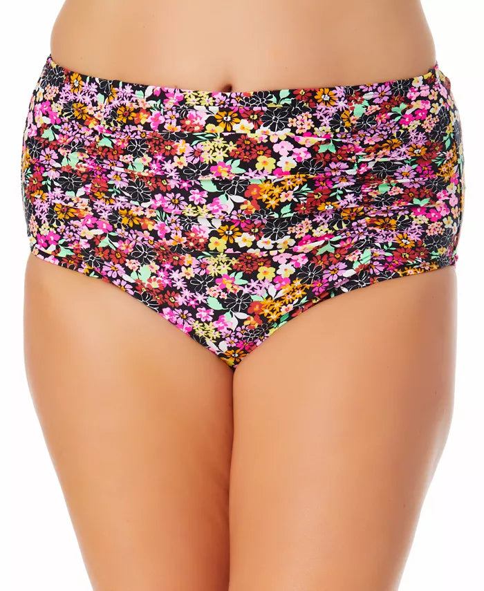 California Waves Trendy Plus Size Ditsy-Print High-Waist Bikini Bottoms