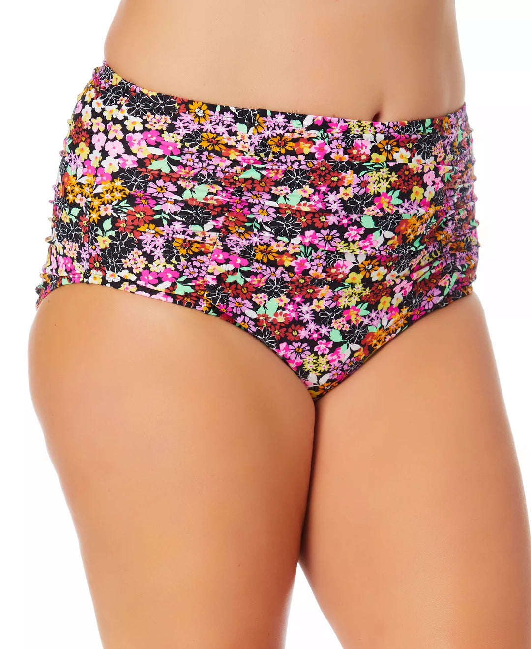 California Waves Trendy Plus Size Ditsy-Print High-Waist Bikini Bottoms