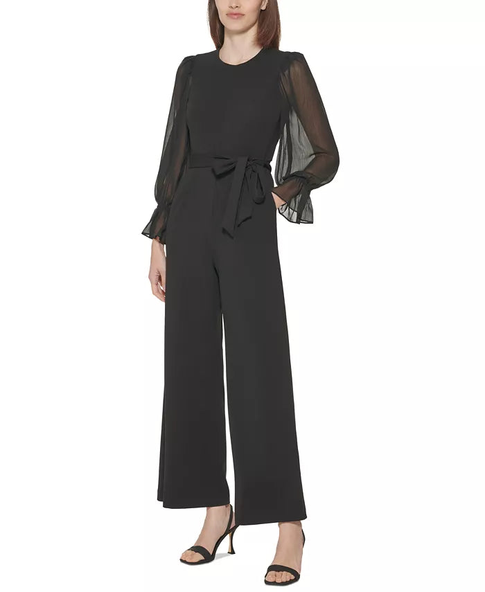 Calvin Klein Crewneck Chiffon Flare-Leg Jumpsuit