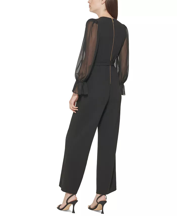 Calvin Klein Crewneck Chiffon Flare-Leg Jumpsuit
