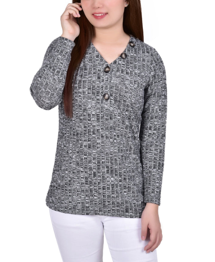 NY Collection Petite Long Sleeve Ribbed Henley Top