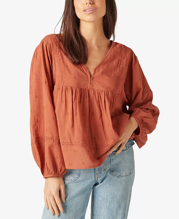 Lucky Brand Crochet-Trimmed Embroidered Blouse