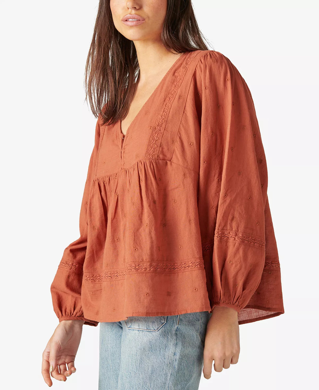 Lucky Brand Crochet-Trimmed Embroidered Blouse