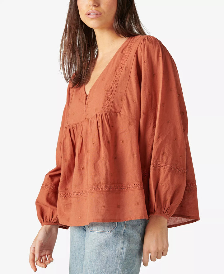 Lucky Brand Crochet-Trimmed Embroidered Blouse
