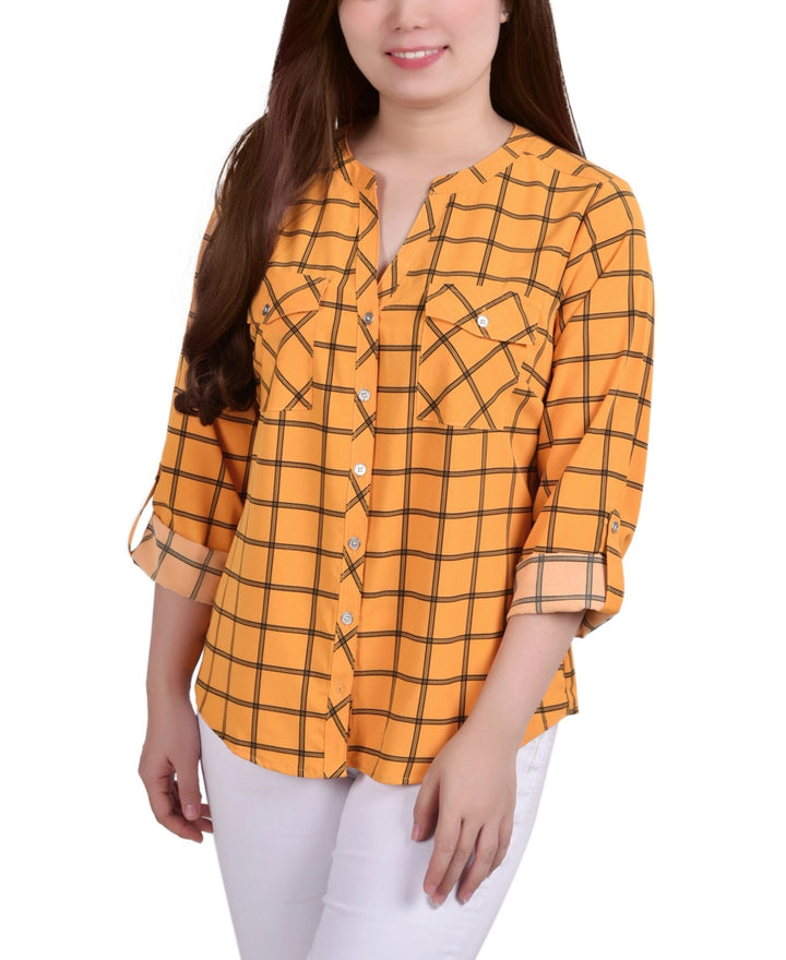 NY Collection 3/4 Sleeve Roll Tab Y Neck Blouse