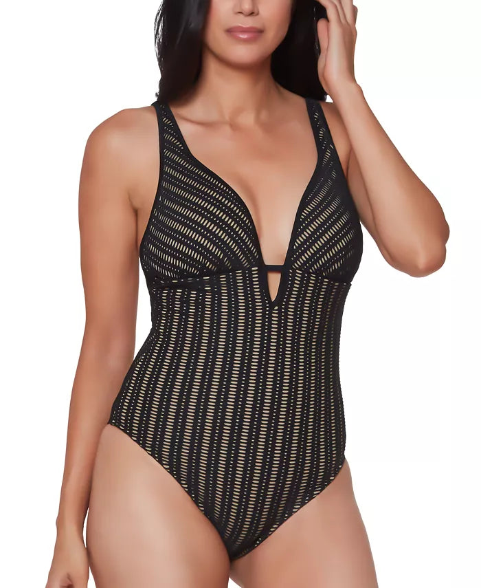 Bar III Plunging Crochet One-Piece Swimsuit