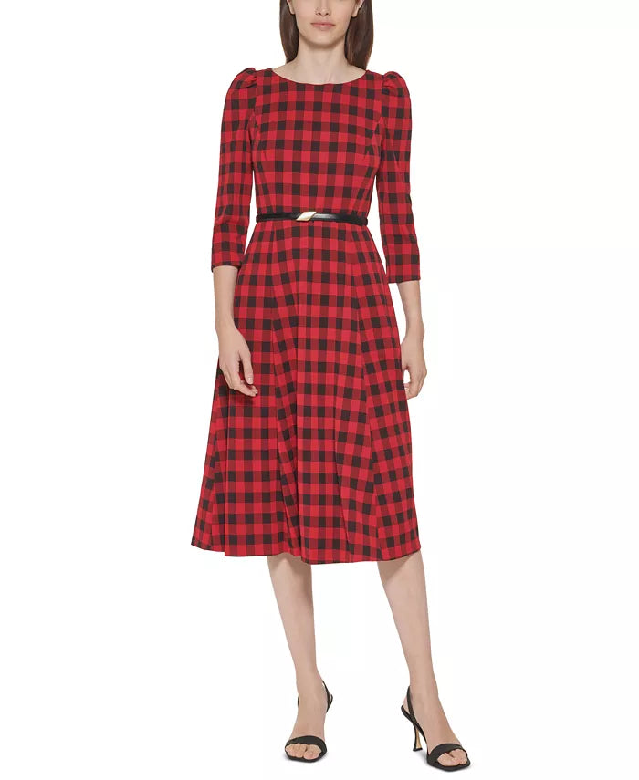 Calvin Klein Buffalo Check Belted A-Line Dress