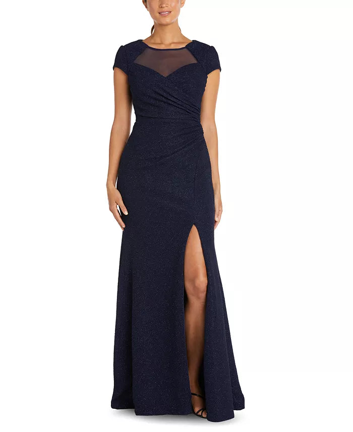 Nightway Petite Cap-Sleeve Illusion Gown