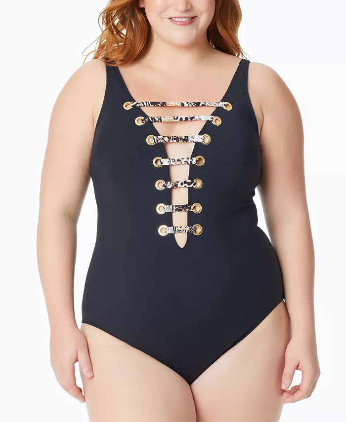 Bleu by Rod Beattie Plus Size Walk On the Wild Side Plunging Strappy One-Piece Swimsuit
