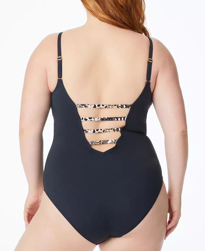 Bleu by Rod Beattie Plus Size Walk On the Wild Side Plunging Strappy One-Piece Swimsuit