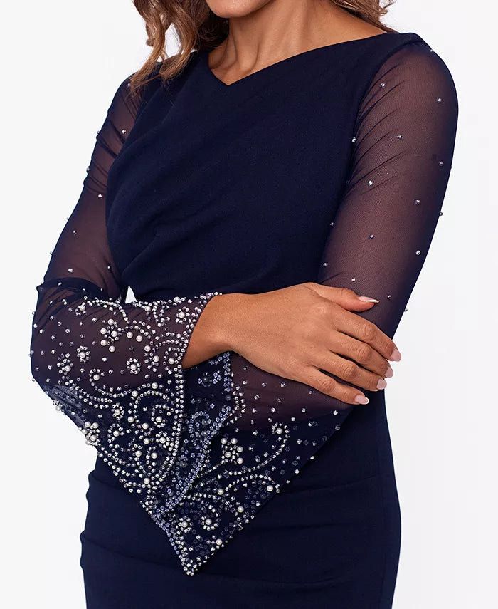 Betsy & Adam Plus Size Embellished-Sleeve Scuba Crepe Gown