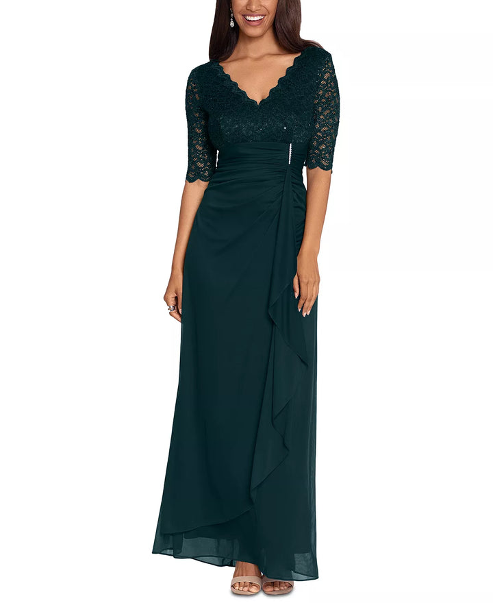 B&A by Betsy & Adam Lace-Top Waterfall-Detail Gown