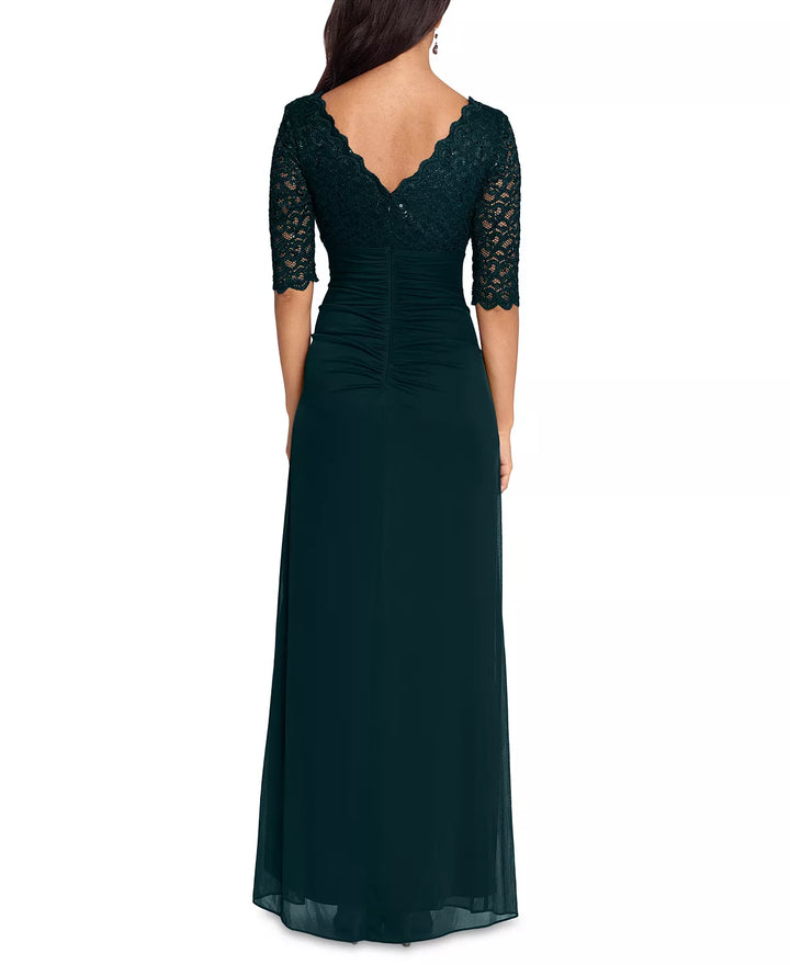 B&A by Betsy & Adam Lace-Top Waterfall-Detail Gown