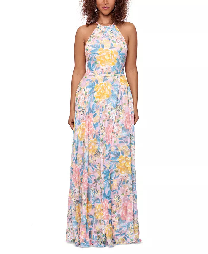 Betsy & Adam Halter Burnout Print Gown