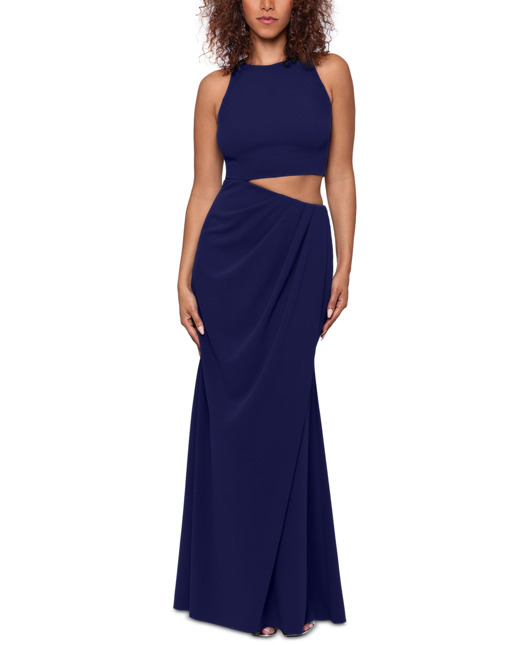 Betsy & Adam Waist-Cutout Pleated-Hip Gown