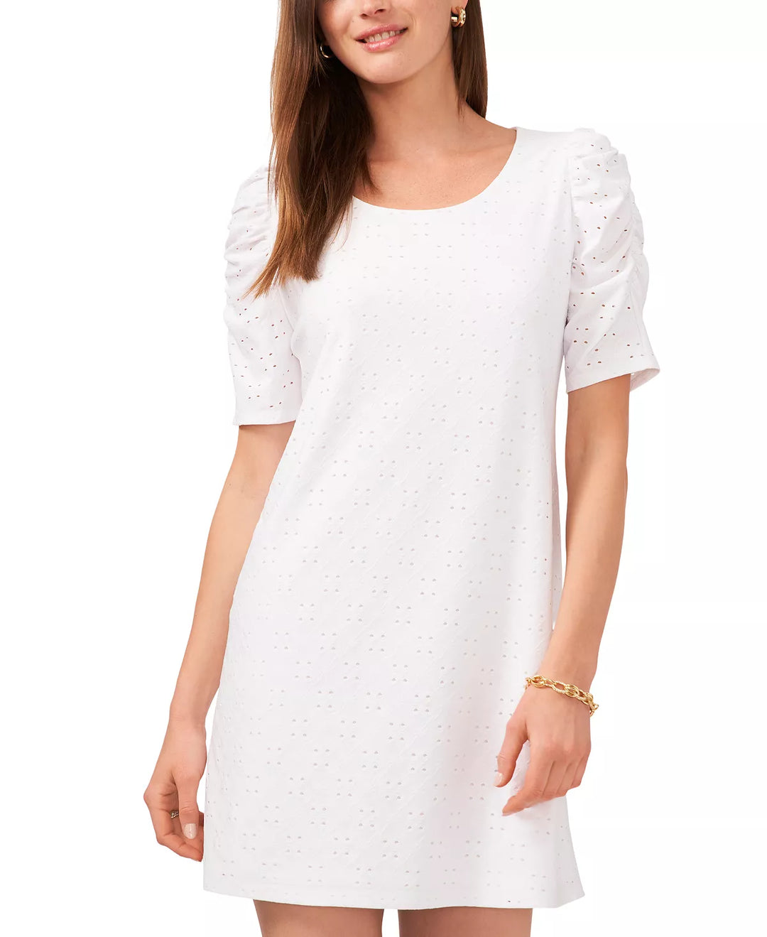 MSK Petite Eyelet Ruched-Sleeve Shift Dress