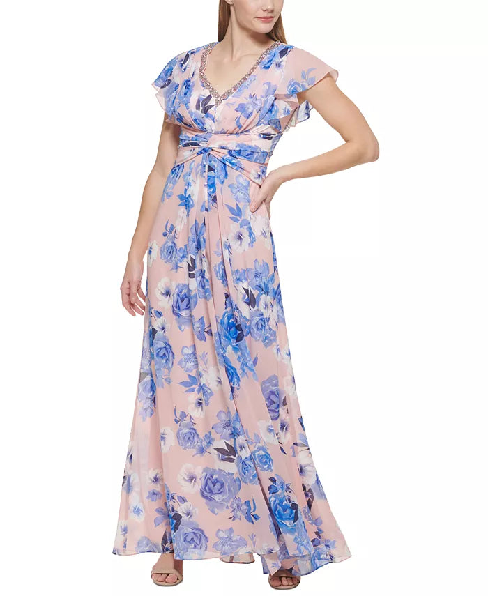 Eliza J Floral-Print Embellished Flutter-Sleeve Gown