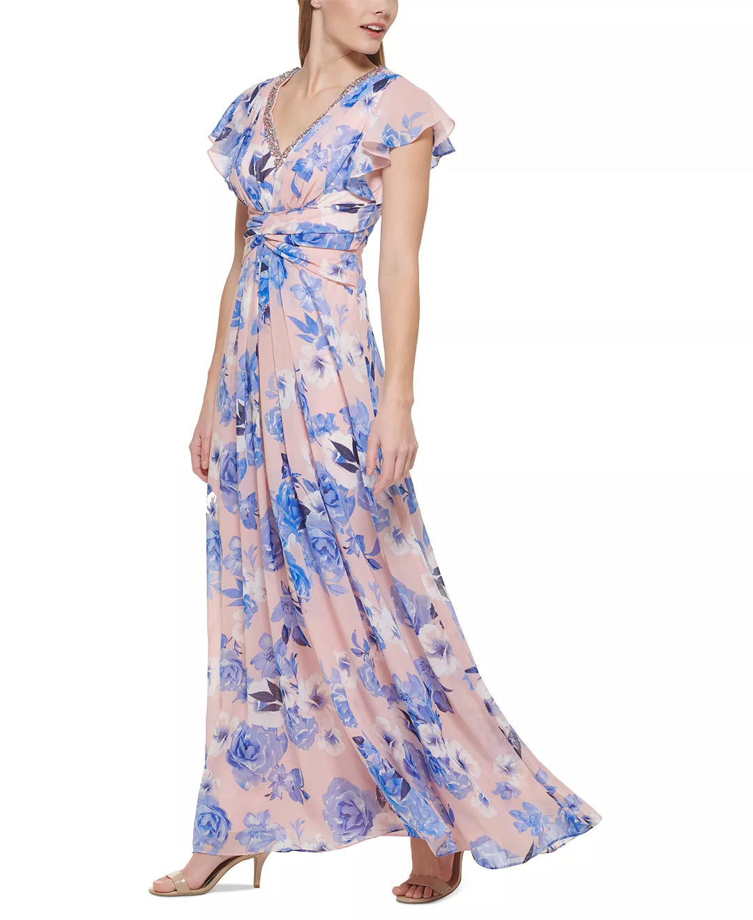 Eliza J Floral-Print Embellished Flutter-Sleeve Gown