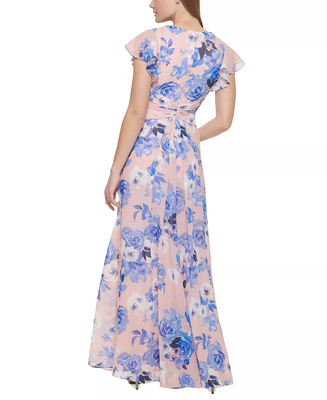 Eliza J Floral-Print Embellished Flutter-Sleeve Gown