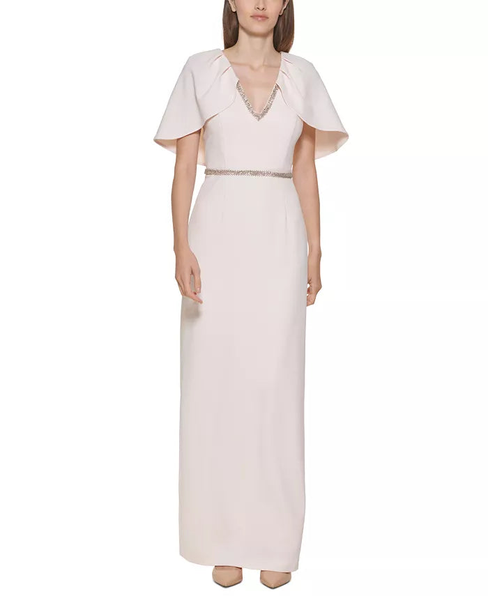 Calvin Klein Rhinestone-Waist Cape-Sleeve Gown