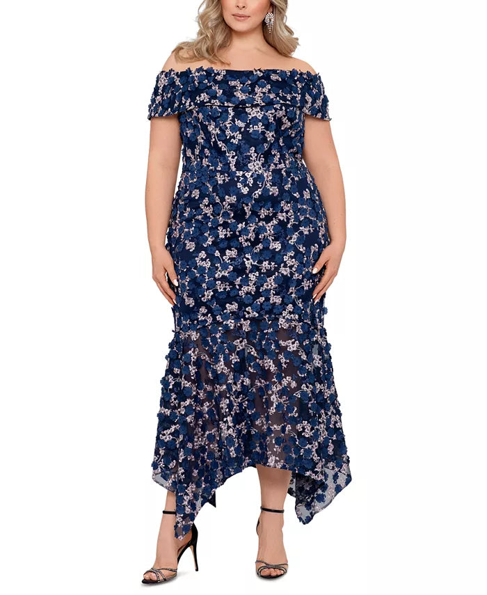 XSCAPE Plus Size Floral-Print Gown