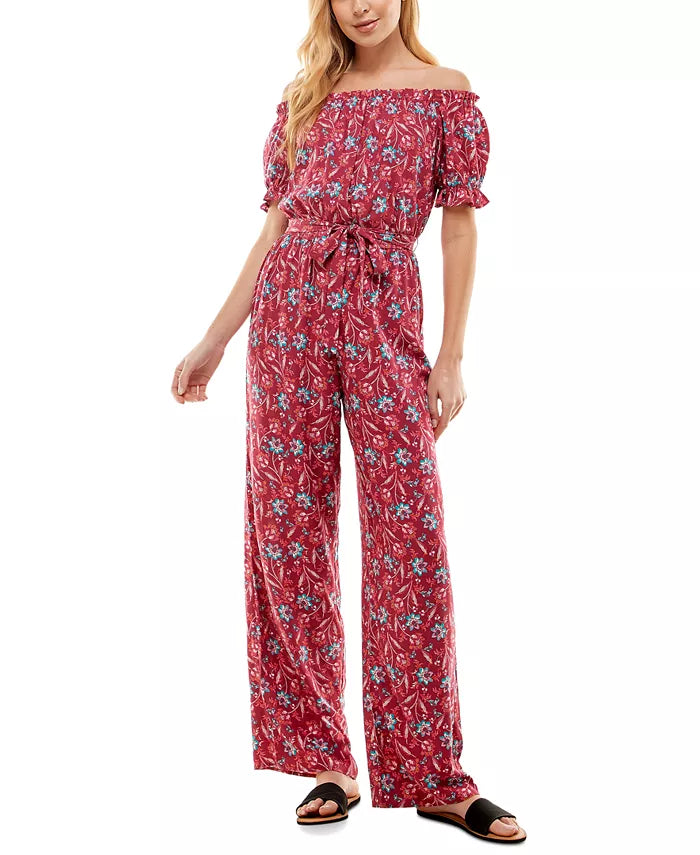 Kingston Grey Juniors' Floral-Print Off-The-Shoulder Jumpsuit