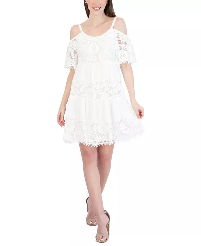 Robbie Bee Petite Cold-Shoulder Gauze Lace Shift Dress