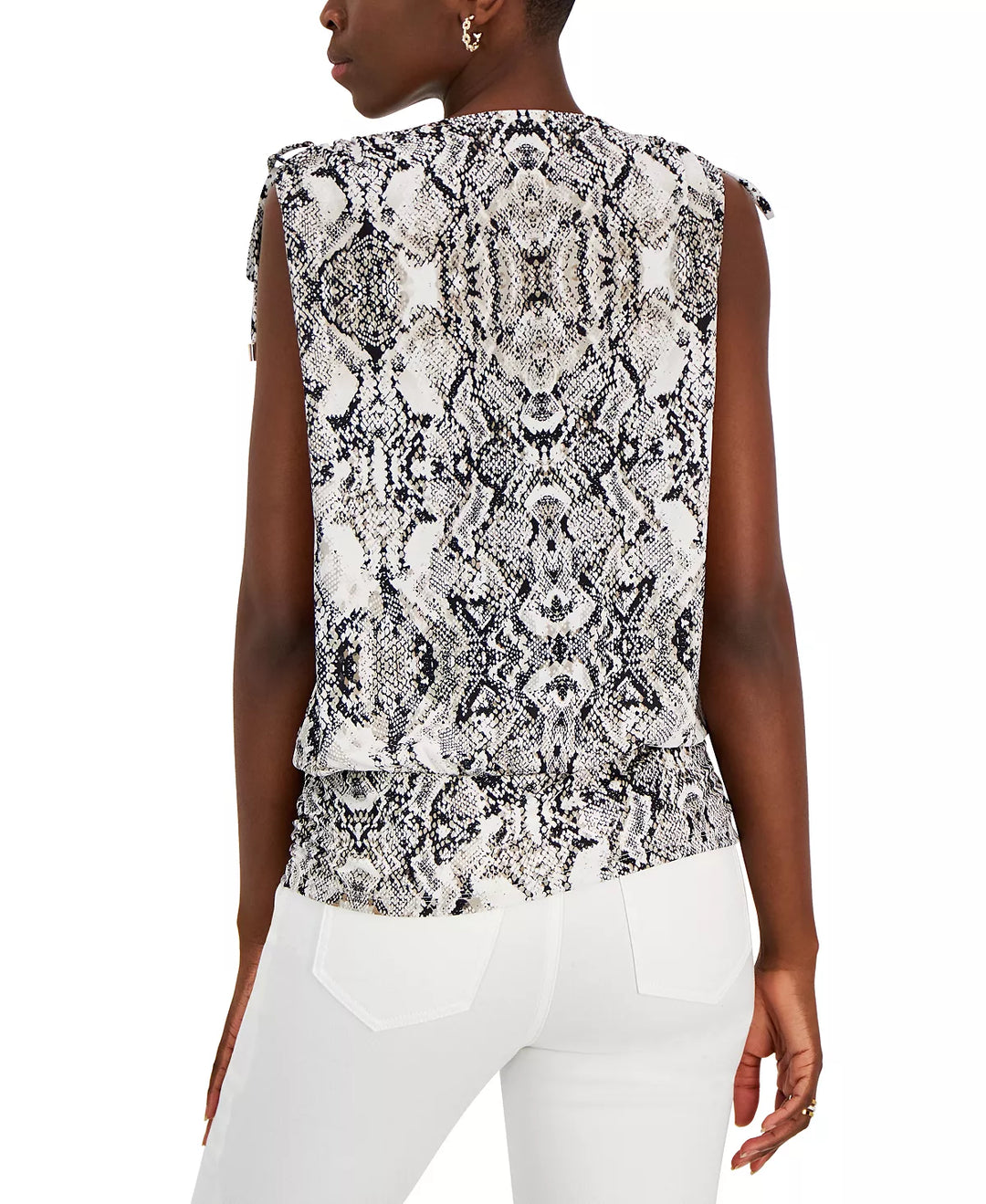 INC International Concepts Snake Print Ruched Shoulder Surplice Top