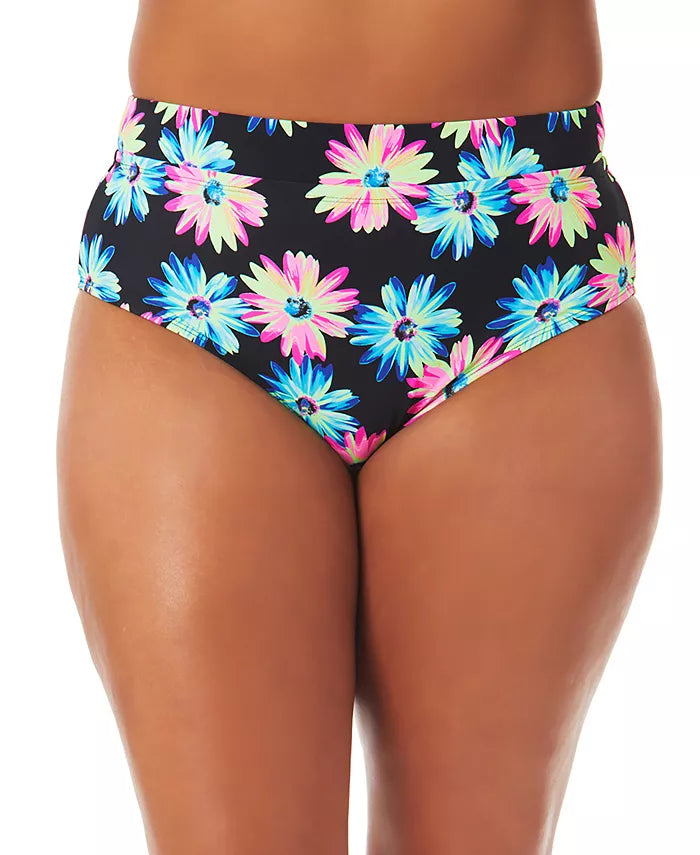 California Waves Plus Size Gerber Daisy Banded High-Waist Bikini Bottoms