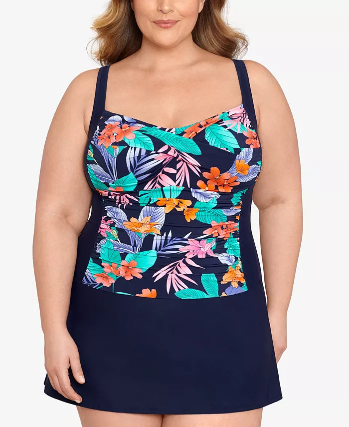 Swim Solutions Plus Size Tummy-Control Twist-Bra Skater Swimdress