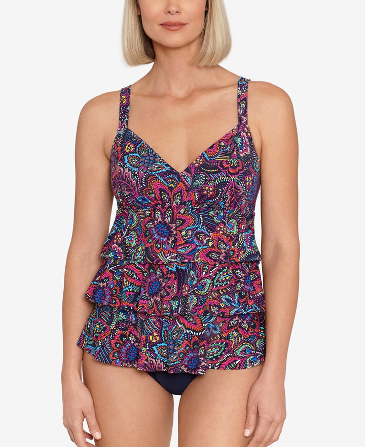 Swim Solutions Printed Tummy-Control Tiered One-Piece Swimsuit