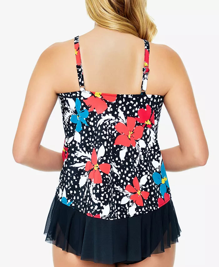 Swim Solutions Colorblocked High-Neck Mesh-Hem Tankini Top