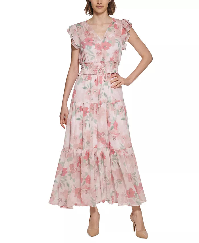 Calvin Klein Floral Smocked-Waist Tiered Maxi Dress