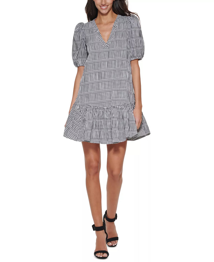 CALVIN KLEIN Petite Puff-Sleeve Gingham A-Line Dress