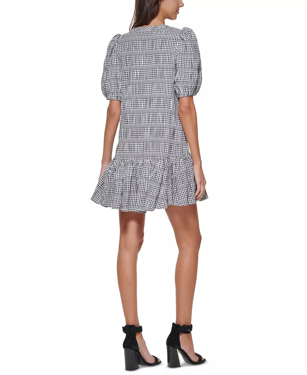 CALVIN KLEIN Petite Puff-Sleeve Gingham A-Line Dress