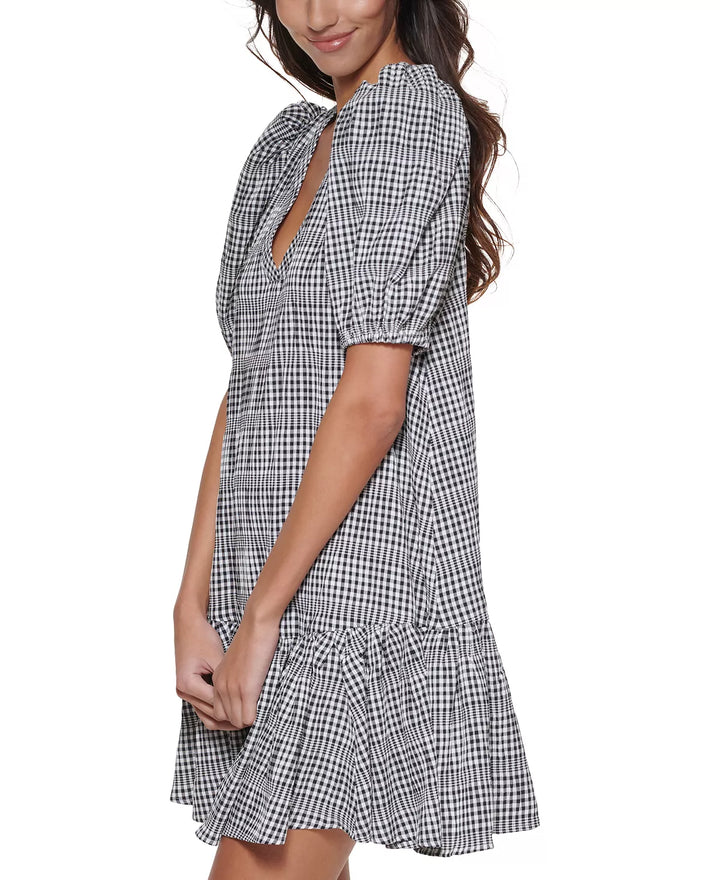 CALVIN KLEIN Petite Puff-Sleeve Gingham A-Line Dress