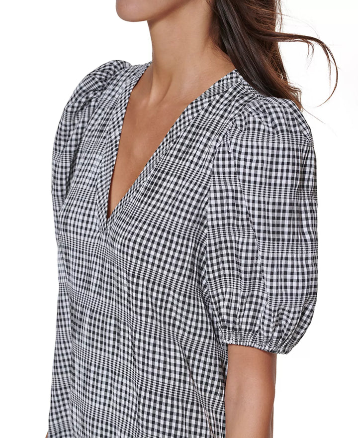 CALVIN KLEIN Petite Puff-Sleeve Gingham A-Line Dress