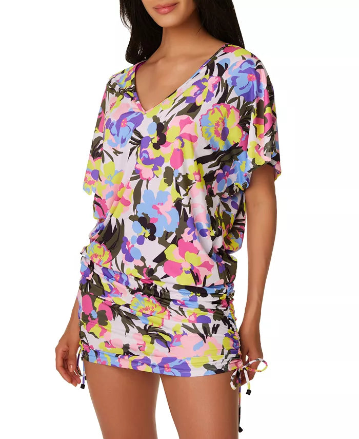 Bar III Paradise Garden Drawstring Caftan Cover-Up